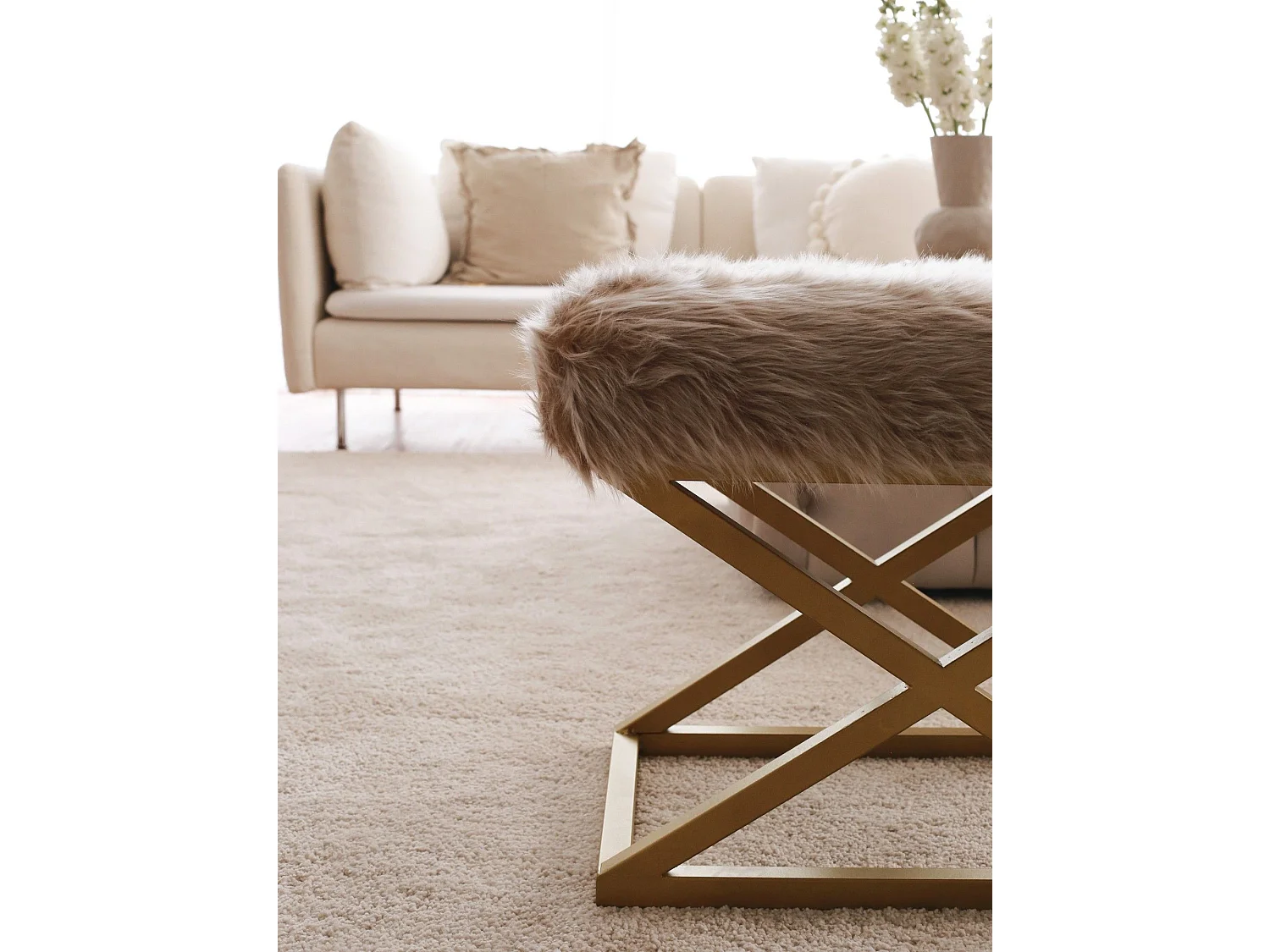 Tabouret style moderne Lemed Métal Or et Tissu peluche Marron