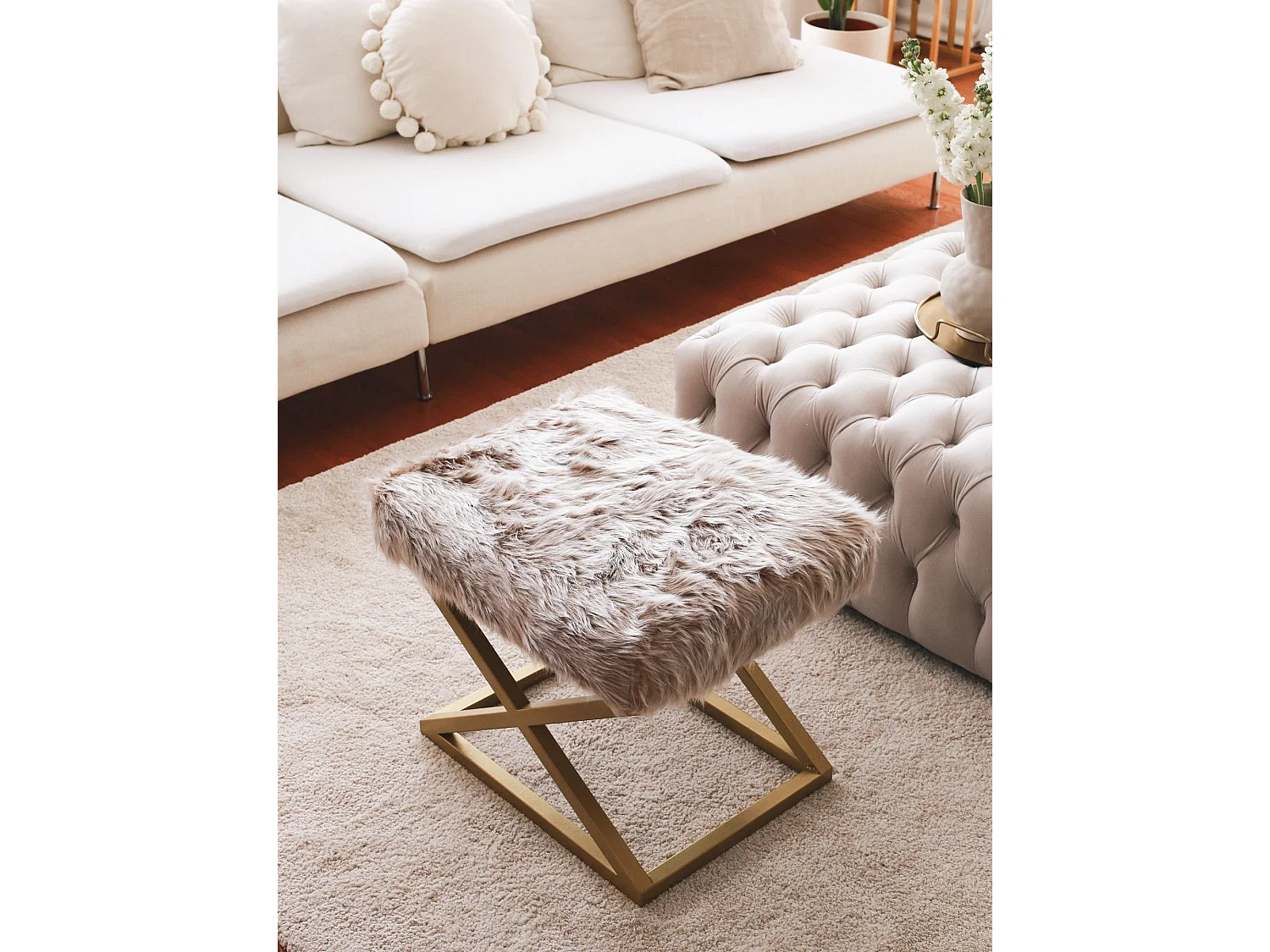 Tabouret style moderne Lemed Métal Or et Tissu peluche Marron