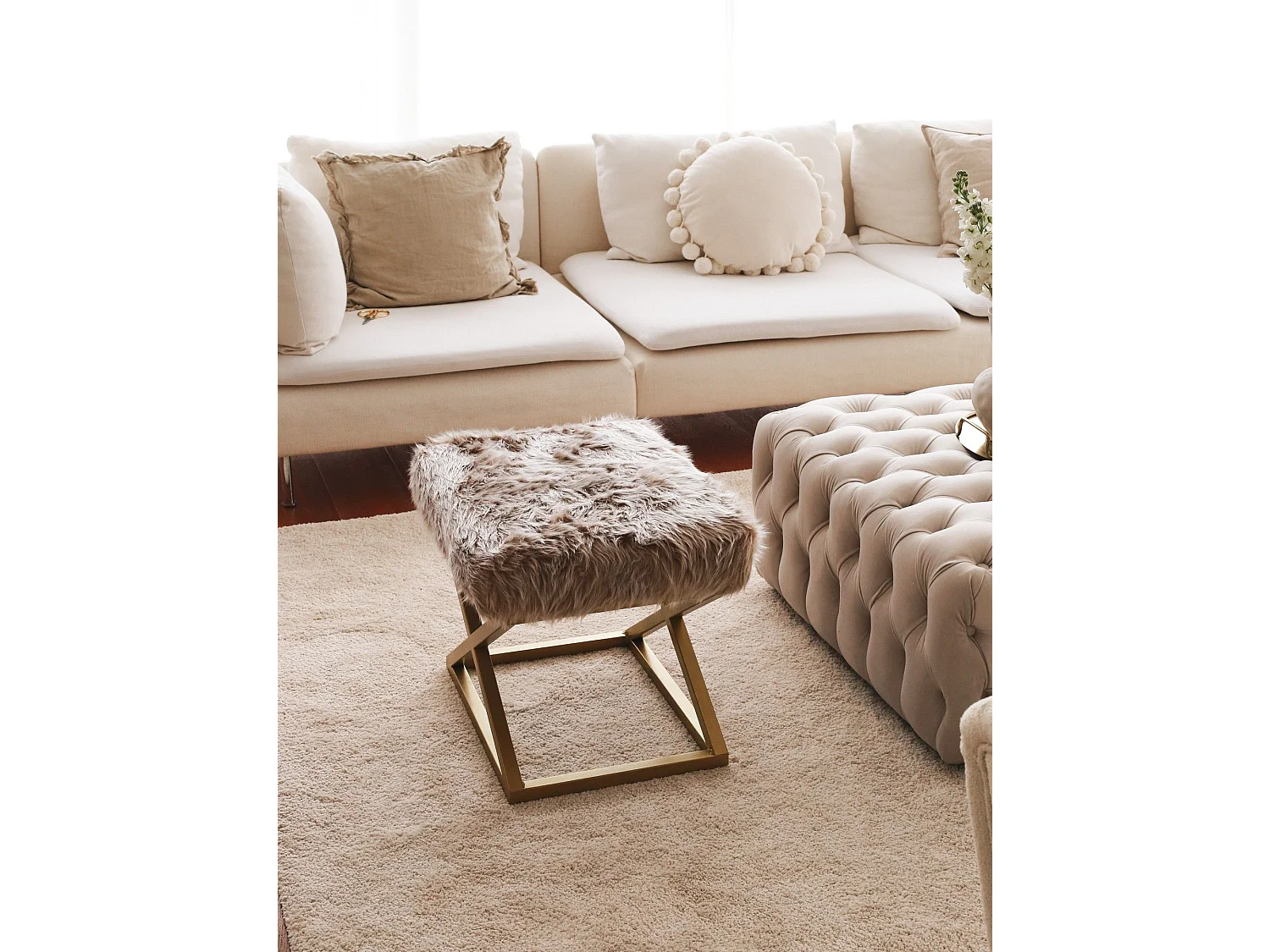 Tabouret style moderne Lemed Métal Or et Tissu peluche Marron