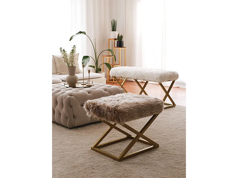 Tabouret style moderne Lemed Métal Or et Tissu peluche Marron