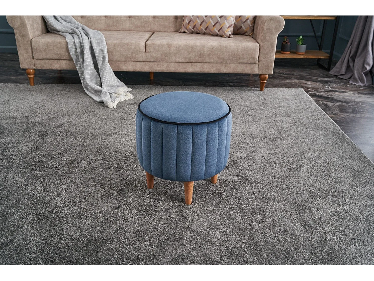 Tabouret Jima D40cm Bois foncé et Velours Bleu et Noir