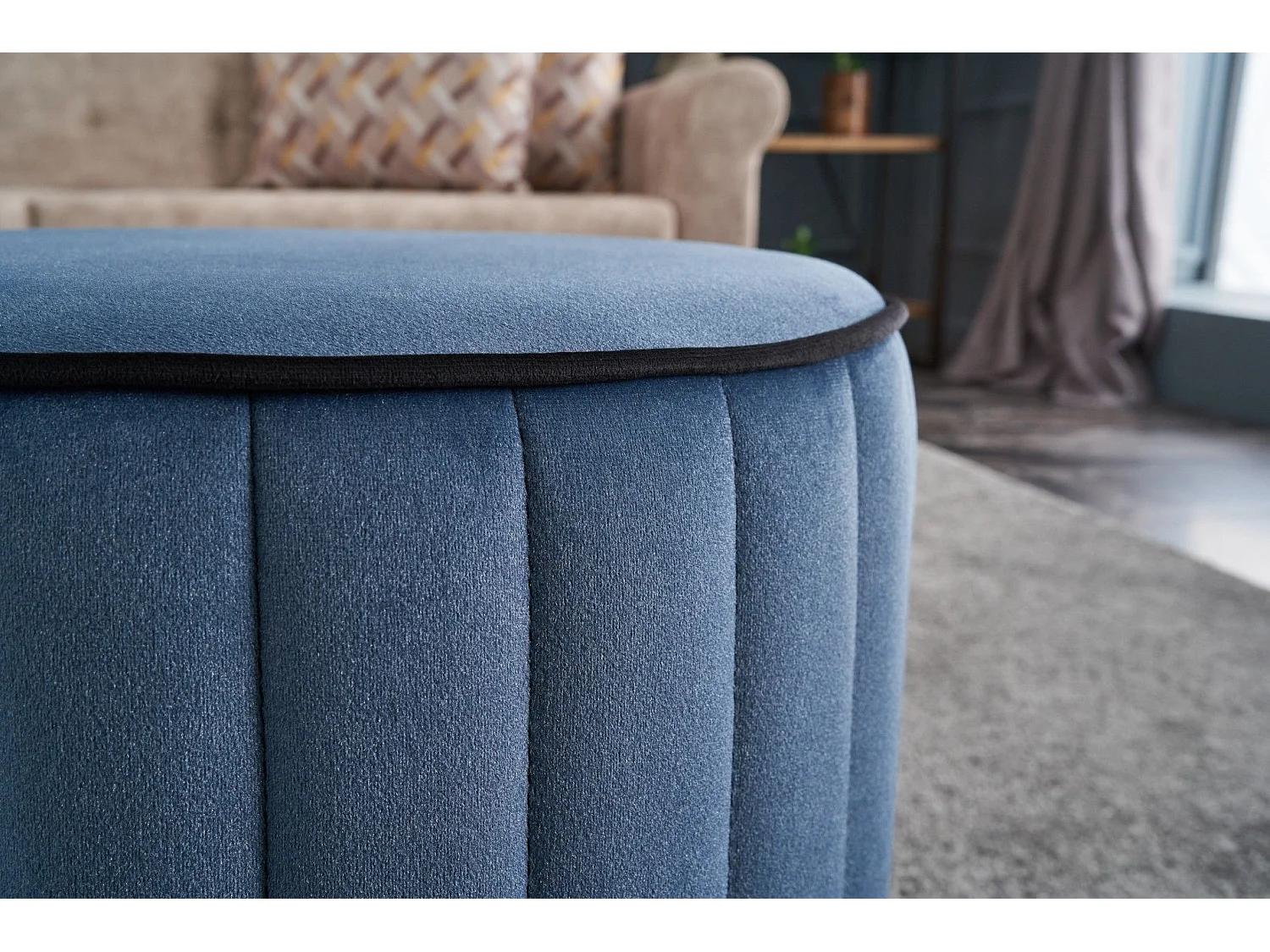 Tabouret Jima D40cm Bois foncé et Velours Bleu et Noir