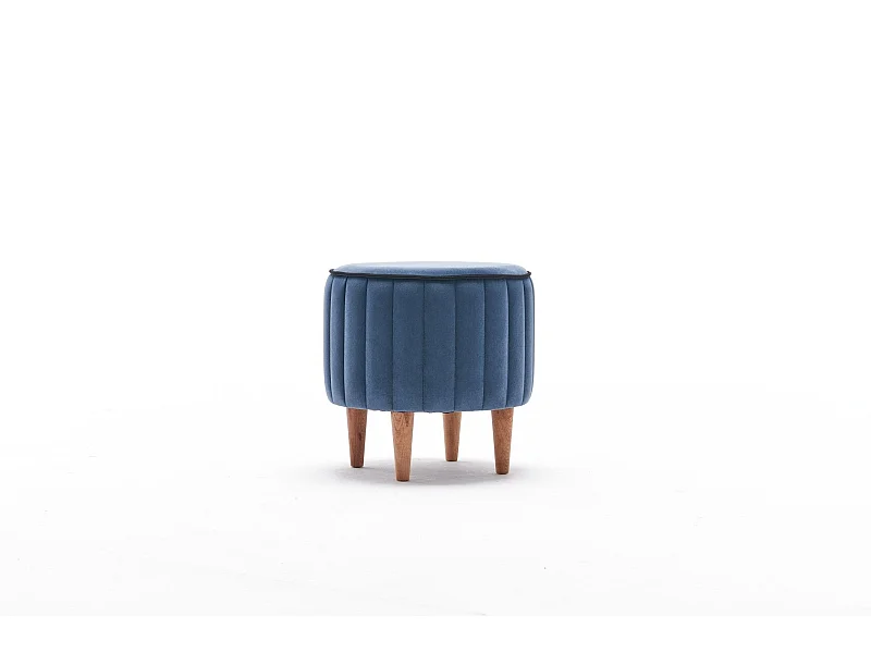 Tabouret Jima D40cm Bois foncé et Velours Bleu et Noir