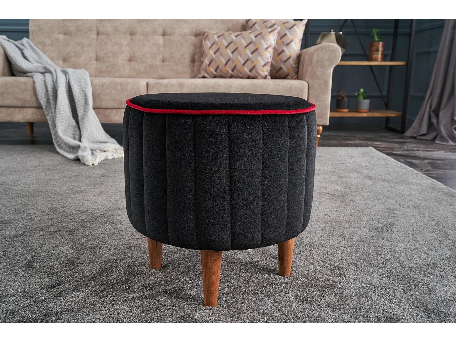 Tabouret Jima D40cm Bois foncé et Velours Noir et Rouge