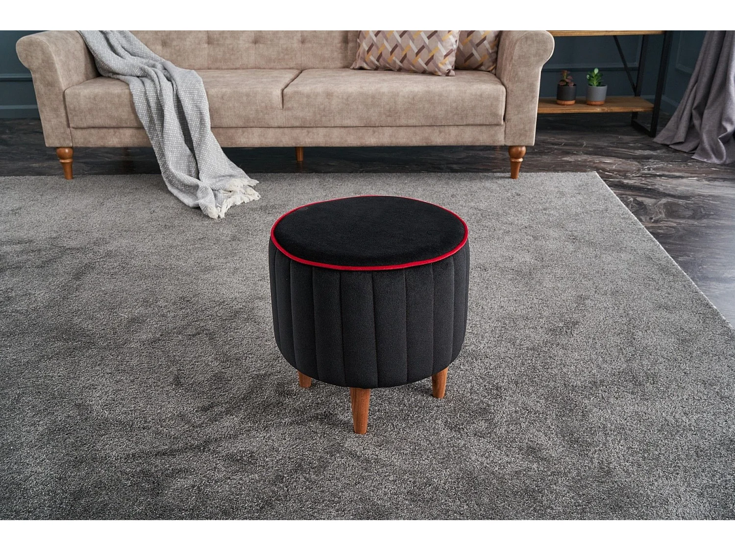 Tabouret Jima D40cm Bois foncé et Velours Noir et Rouge
