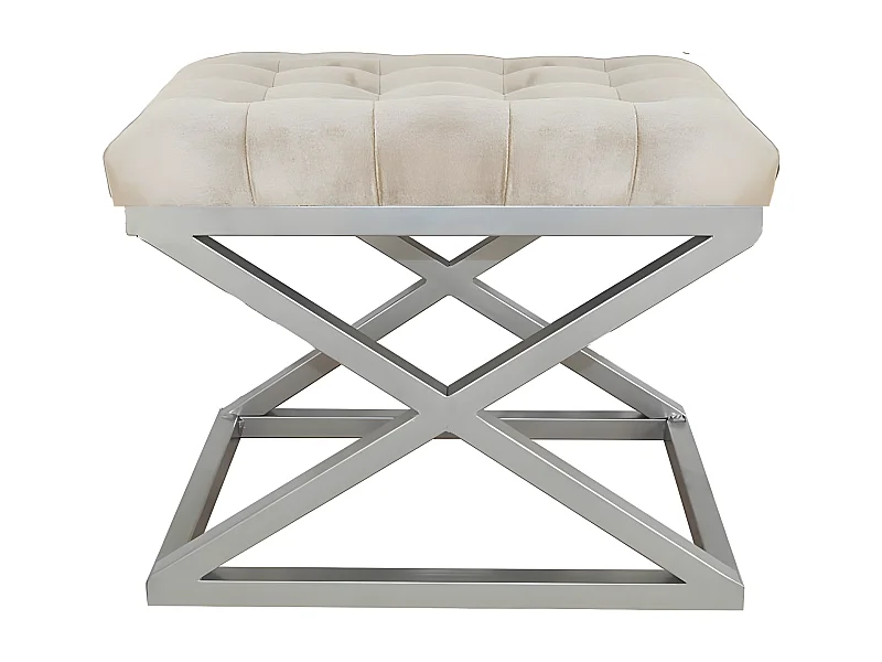 Tabouret assise capitonnée Ulad Métal Argent et Velours Blanc crème