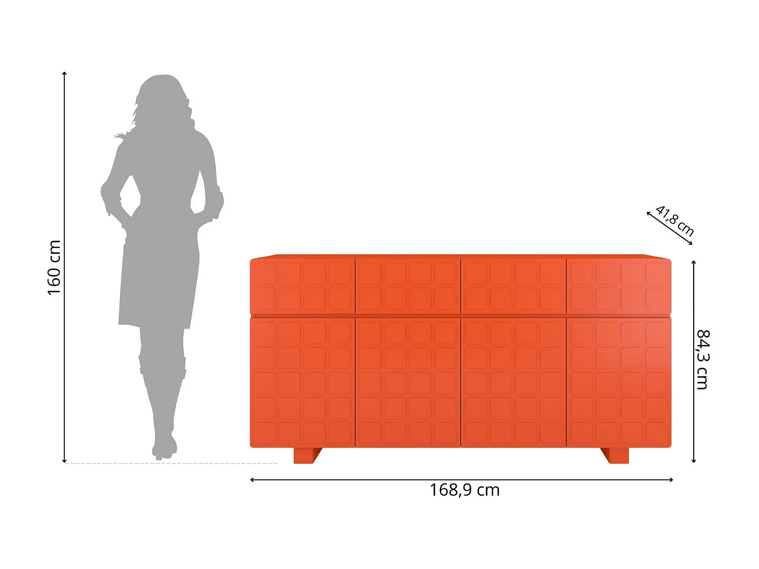 Sideboard Cubo long, geometrische 3d fronten, 169 cm, orange