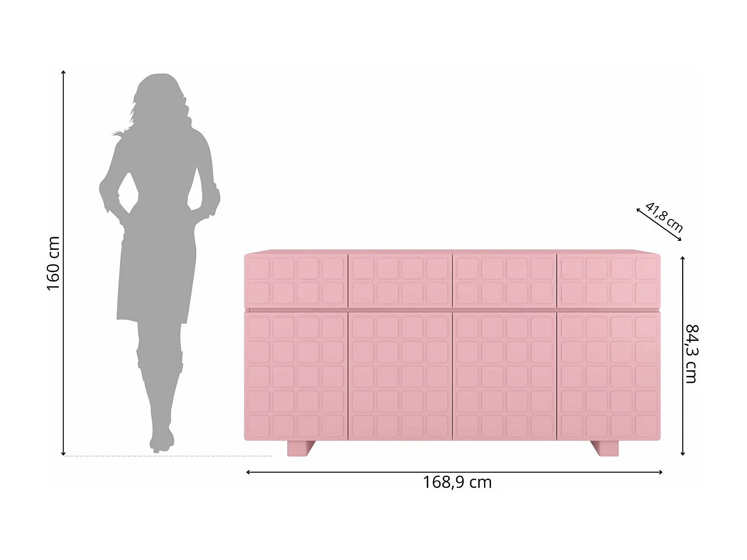 Sideboard Cubo long, geometrische 3d fronten, 169 cm, rosa