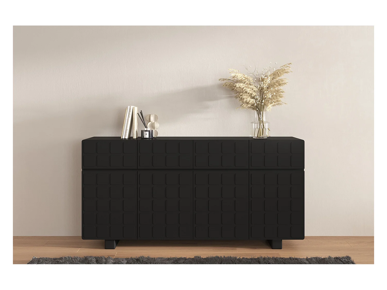 Buffet moderne Skandica CUBO LONG avec façades 3D / couleur noire / largeur 169 cm