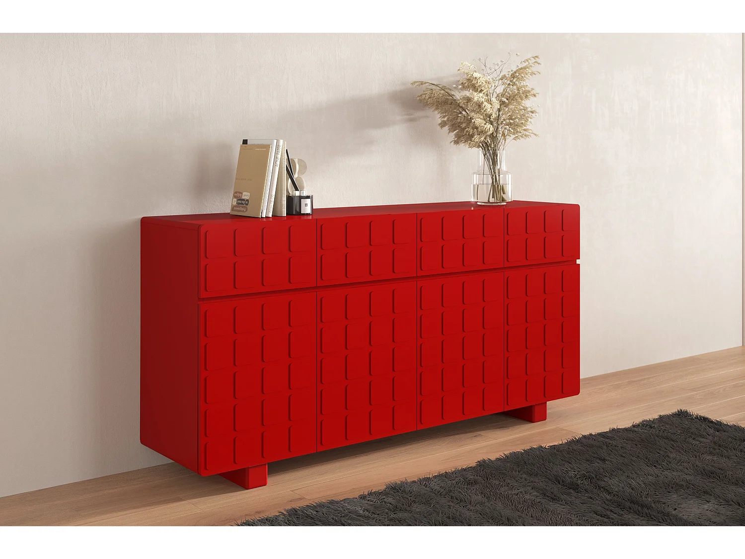 Sideboard Cubo long, geometrische 3d fronten, 169 cm, rot
