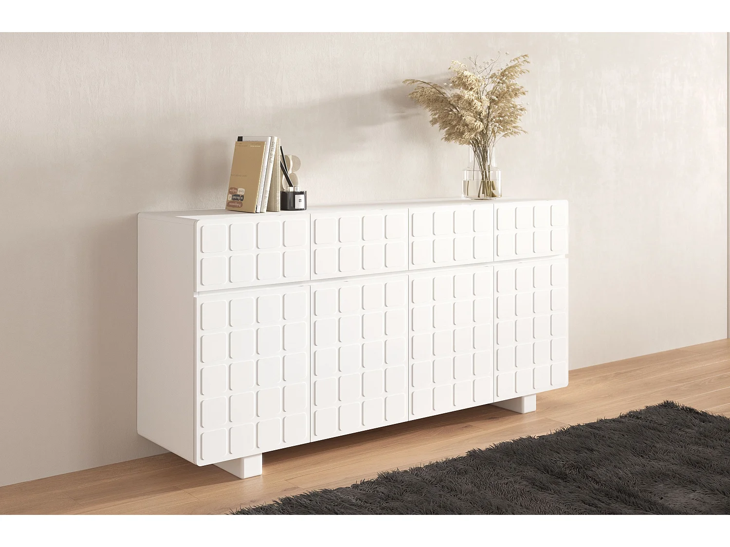 Sideboard Cubo long, geometrische 3d fronten, 169 cm, weiß
