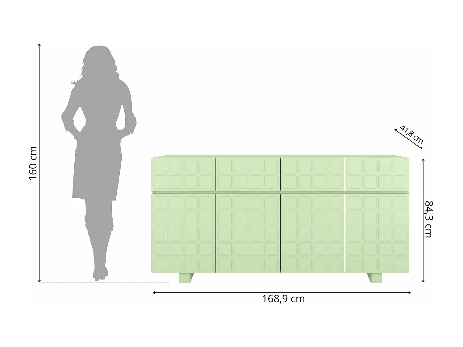 Sideboard Cubo long, geometrische 3d fronten, 169 cm, grün