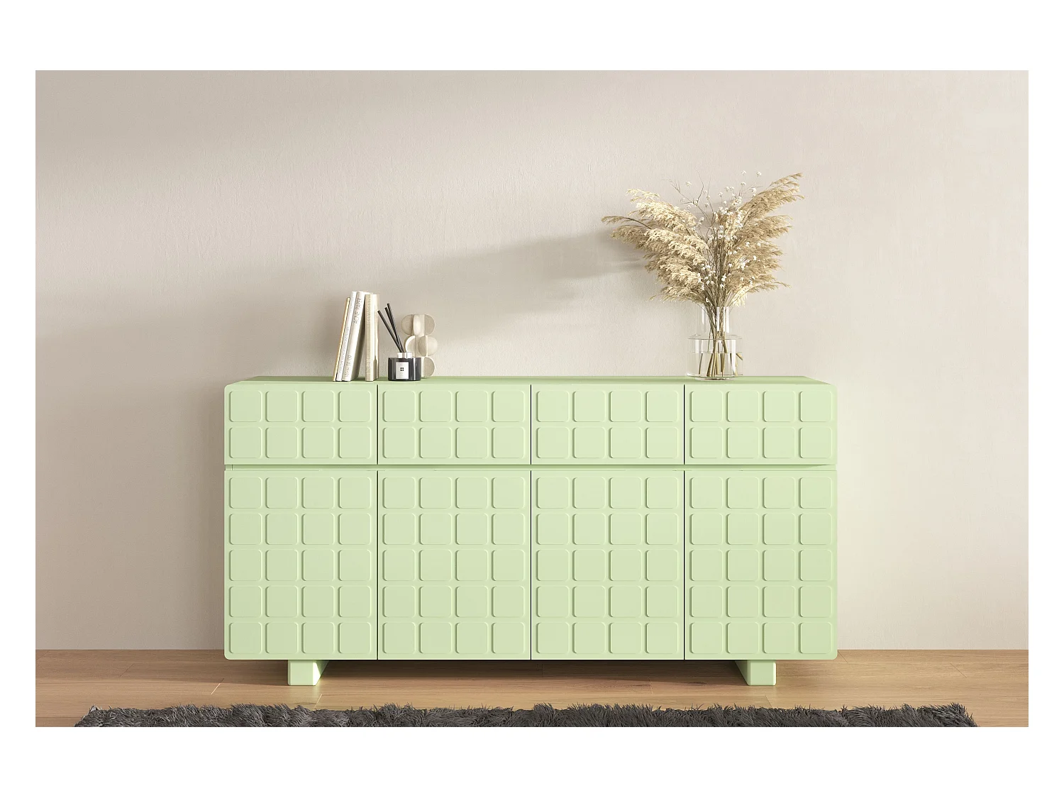 Buffet moderne Skandica CUBO LONG avec façades 3D / couleur vert poudré / largeur 169 cm