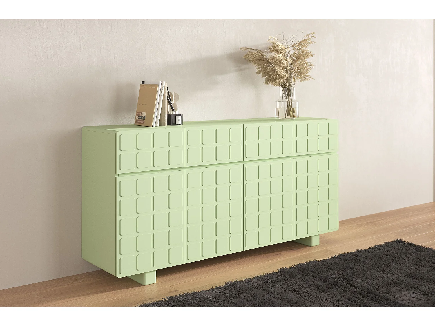 Sideboard Cubo long, geometrische 3d fronten, 169 cm, grün