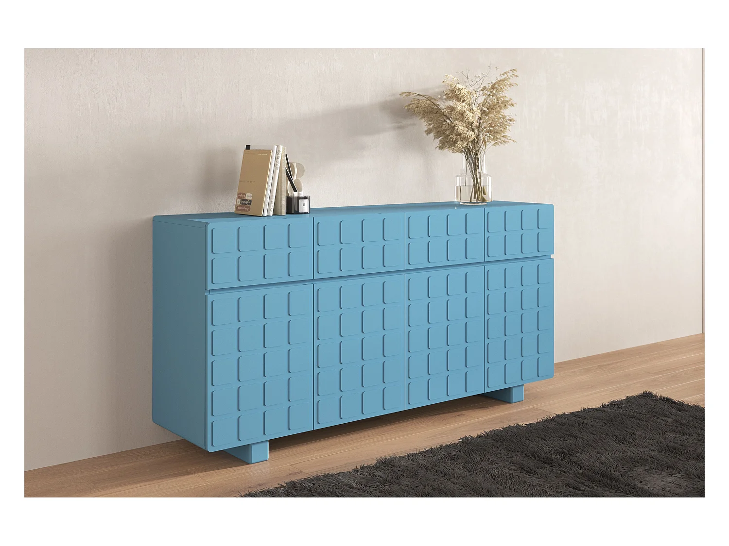 Buffet moderne Skandica CUBO LONG avec façades 3D / couleur bleu pastel / largeur 169 cm