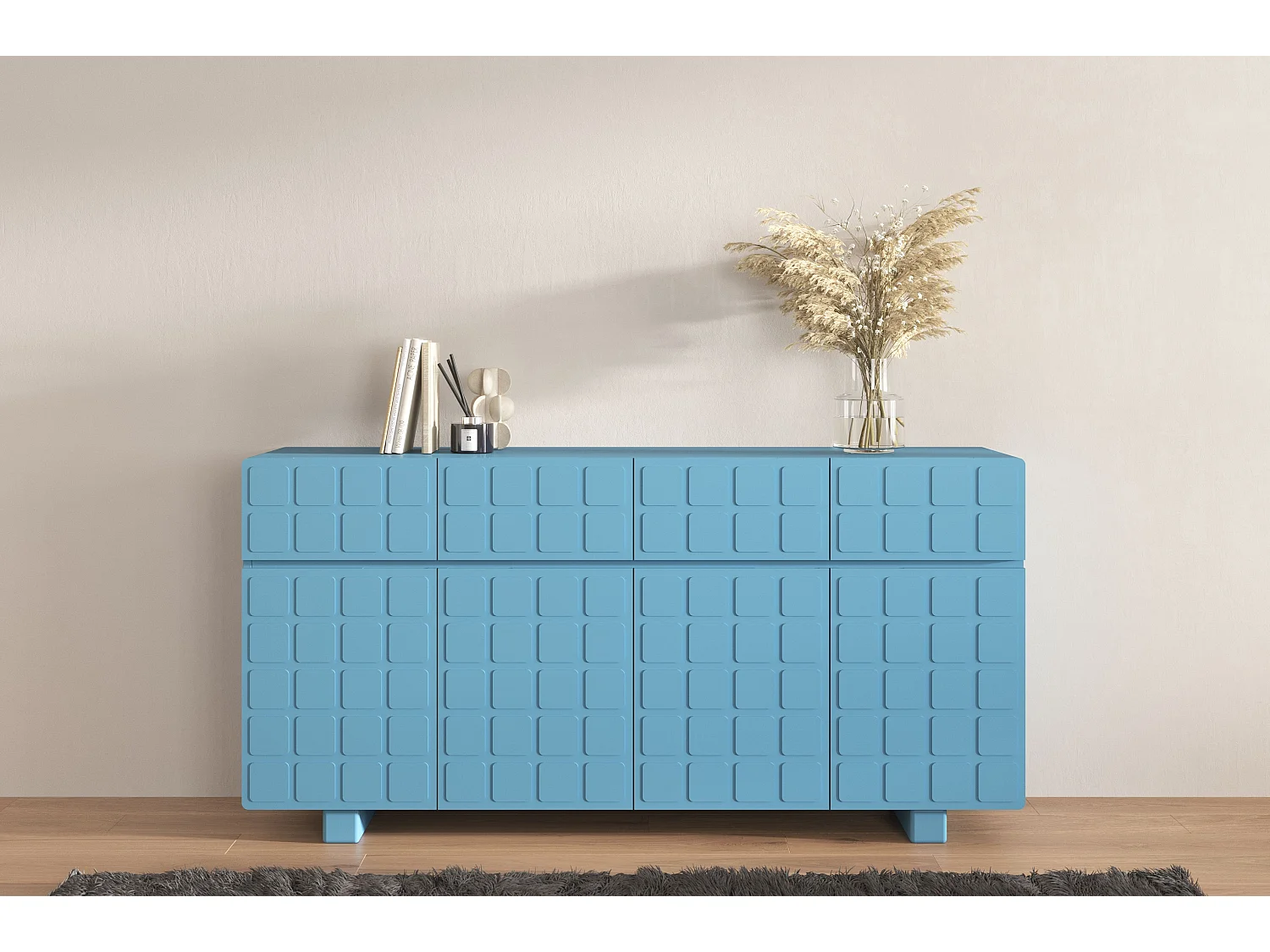 Buffet moderne Skandica CUBO LONG avec façades 3D / couleur bleu pastel / largeur 169 cm