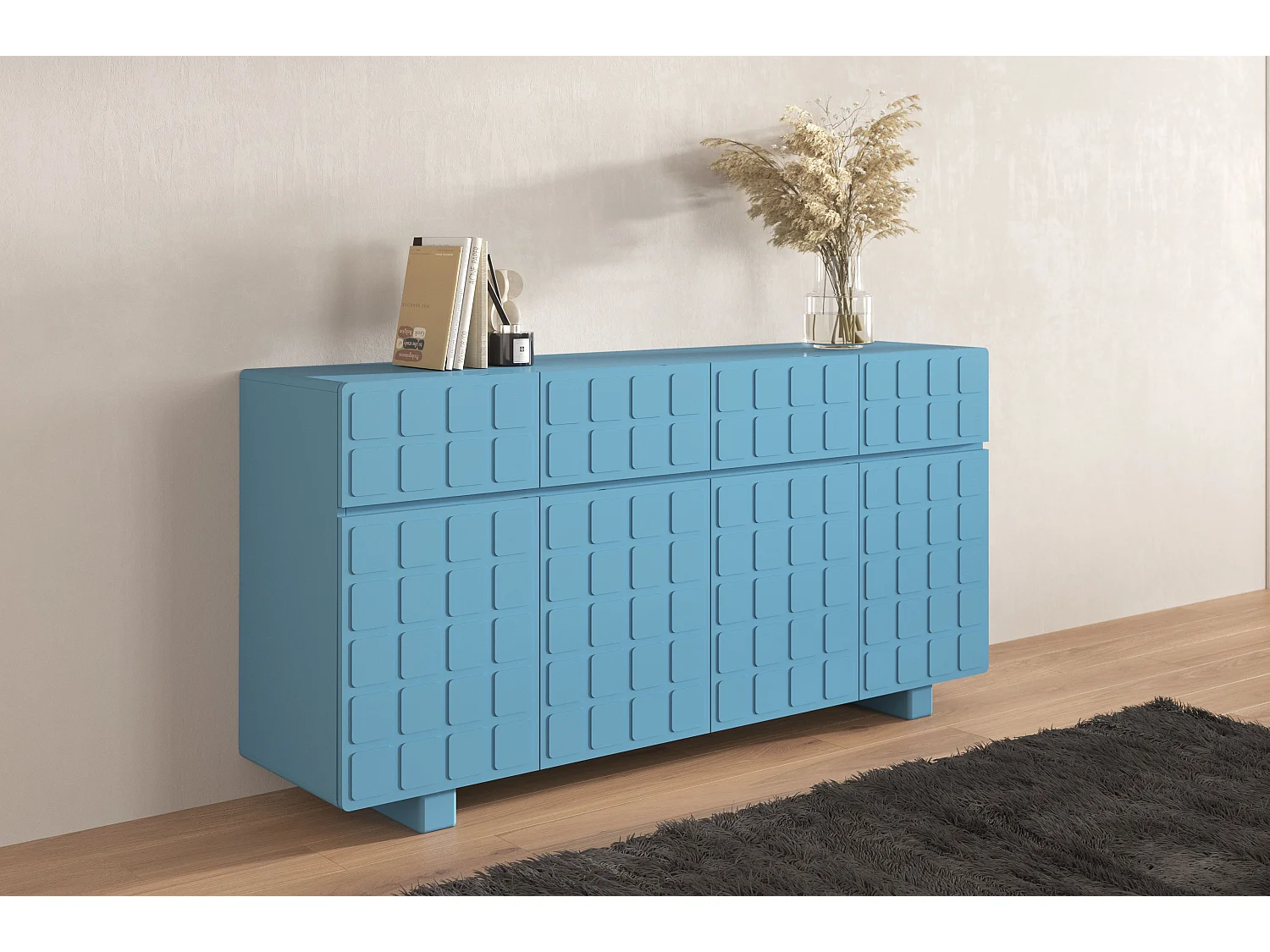 Buffet moderne Skandica CUBO LONG avec façades 3D / couleur bleu pastel / largeur 169 cm