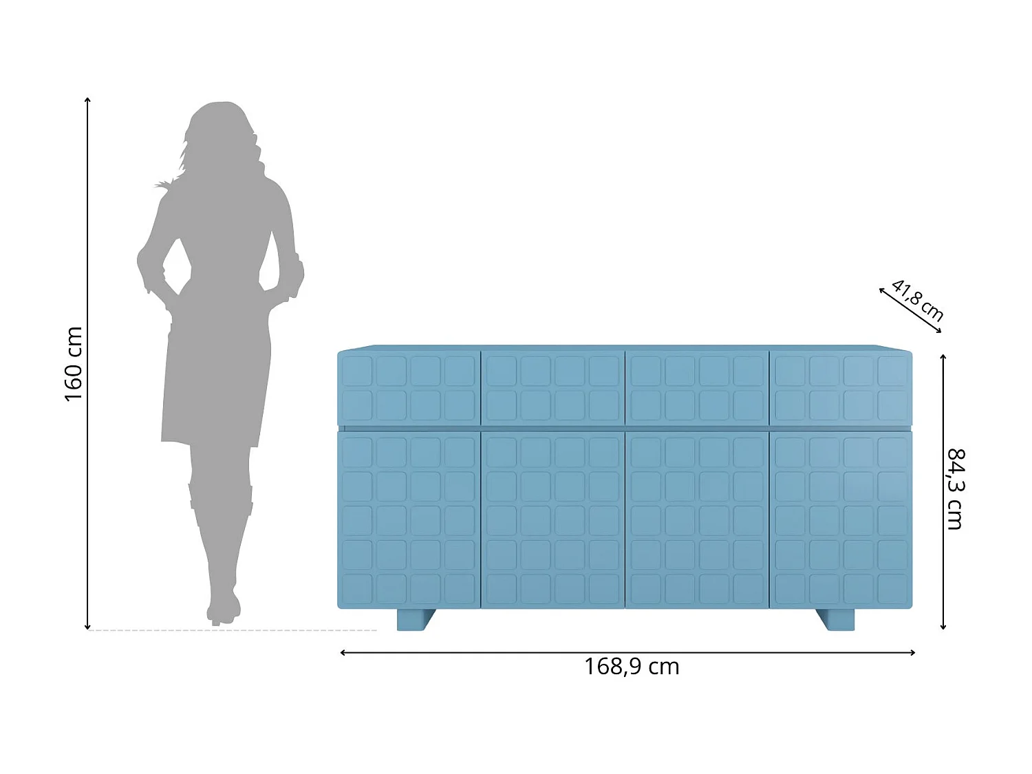 Buffet moderne Skandica CUBO LONG avec façades 3D / couleur bleu pastel / largeur 169 cm