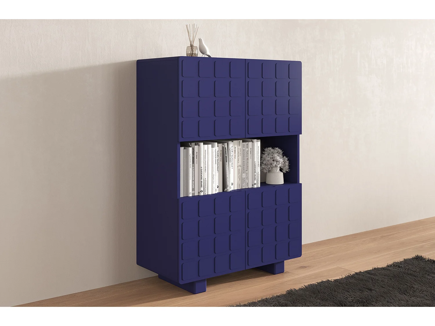 Highboard Cubo long, geometrische 3d fronten, 85 x 120 cm, marineblau