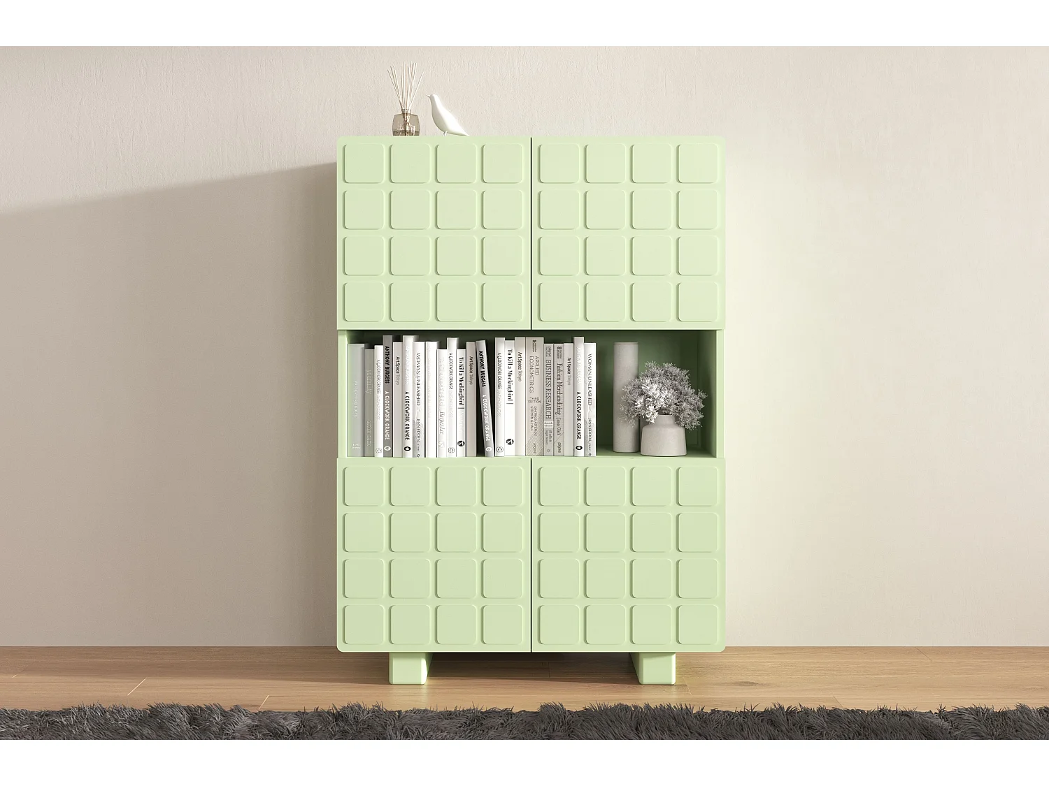 Highboard Cubo long, geometrische 3d fronten, 85 x 120 cm, grün