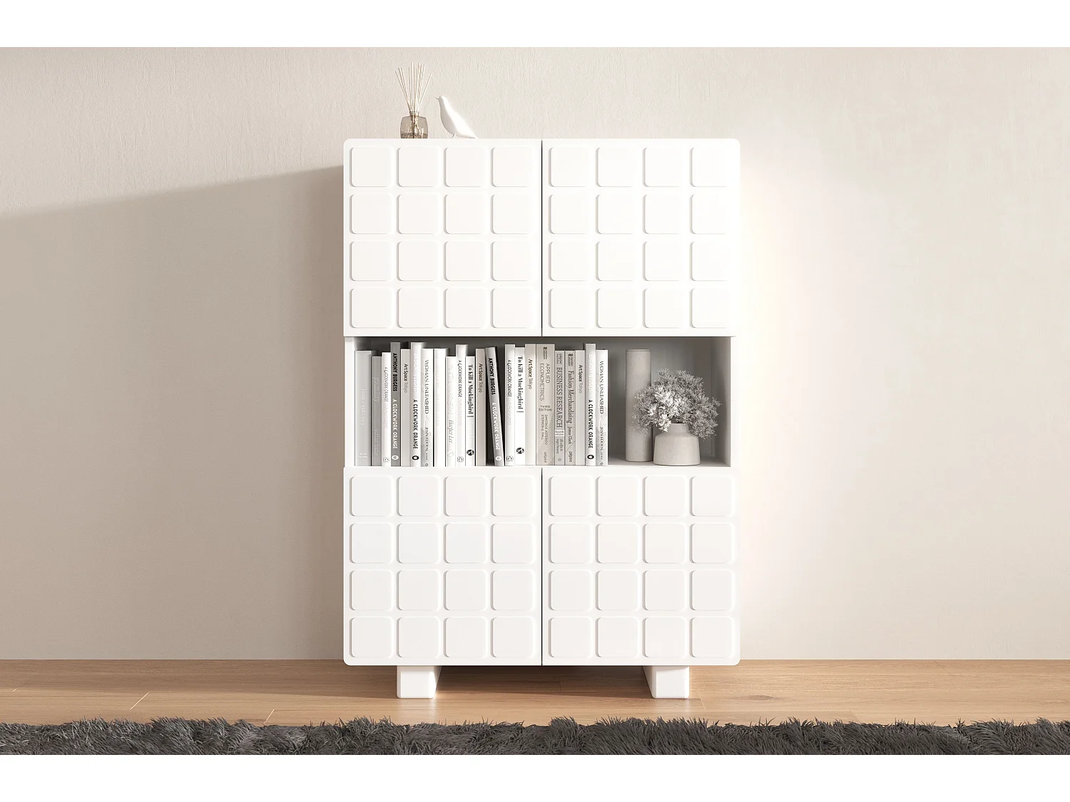 Highboard Cubo long, geometrische 3d fronten, 85 x 120 cm, weiß