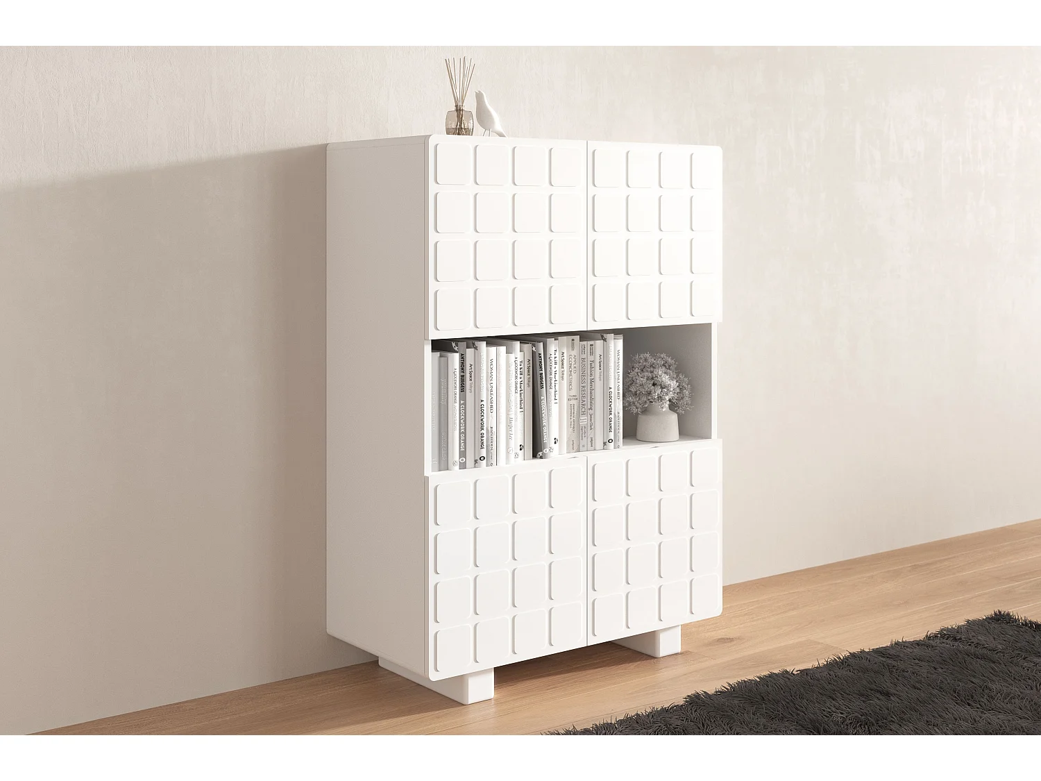 Highboard Cubo long, geometrische 3d fronten, 85 x 120 cm, weiß