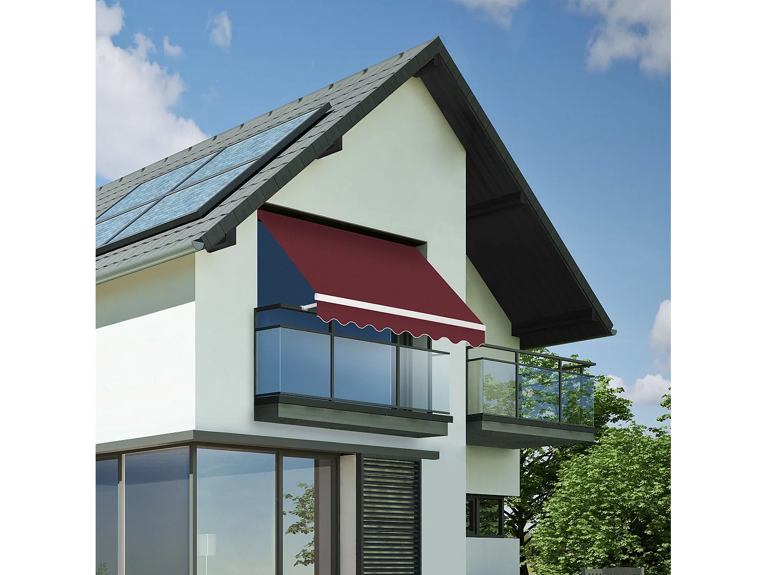 Wasabi - Toldo Exterior Balcón Enrollable 300x250cm Cereza – Lona Poliéster - Soporte Pared – Anclaje Barandilla