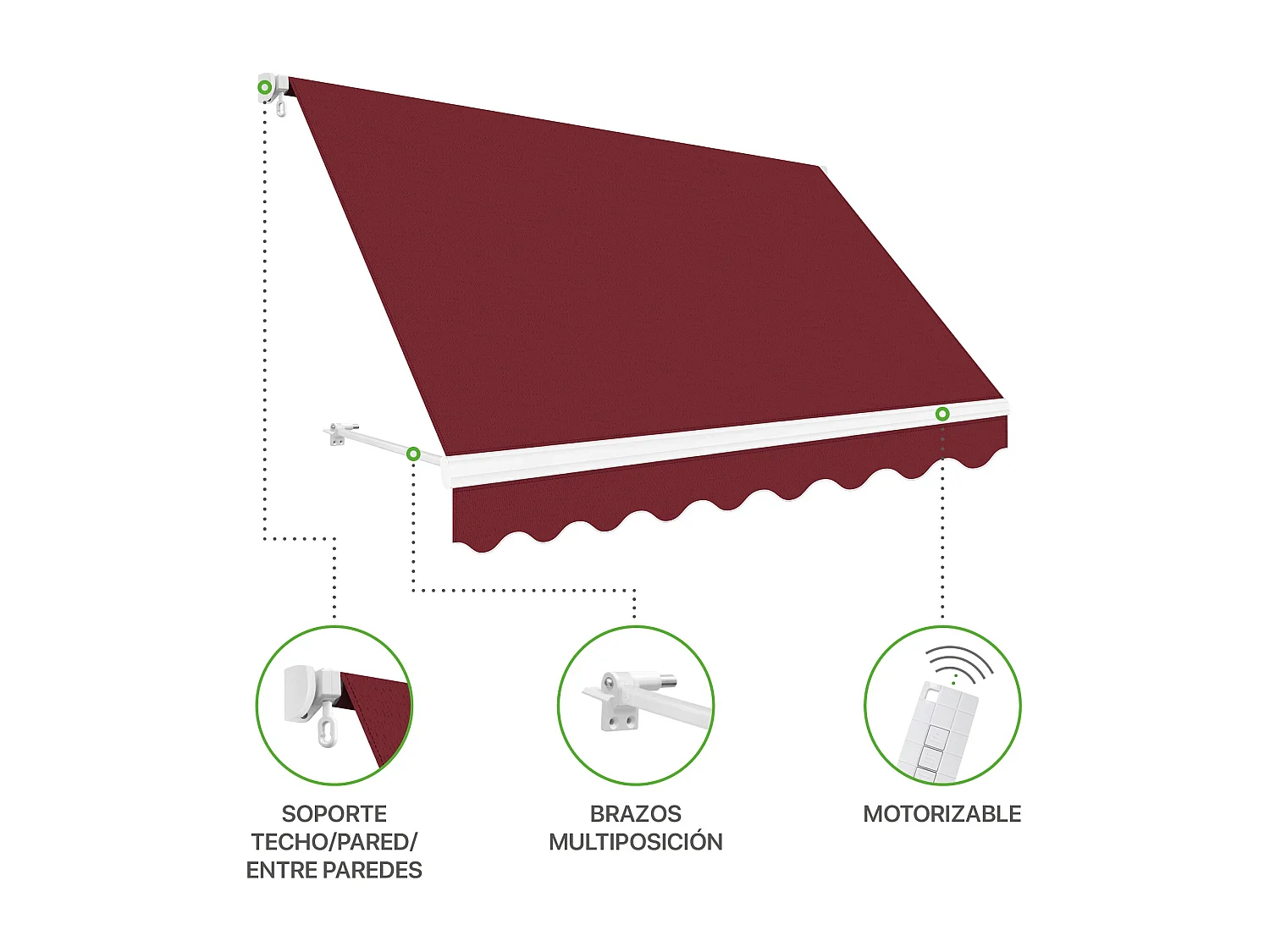 Wasabi - Toldo Exterior Balcón Enrollable 300x250cm Cereza – Lona Poliéster - Soporte Pared – Anclaje Barandilla
