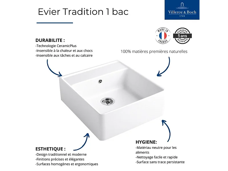 Evier timbre office VILLEROY ET BOCH Tradition 1 bac Blanc CeramicPlus avec vidage automatique