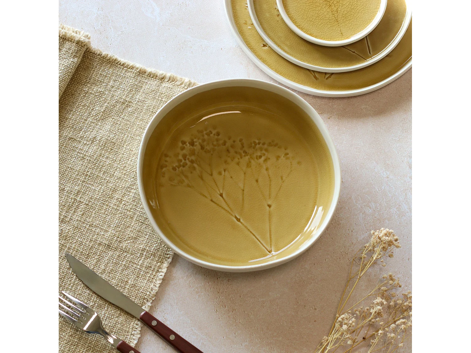 Ogo Living - Lot 6 Assiettes Coupe Fle 19.5cm En Gres Moutarde