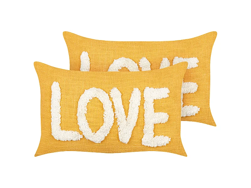 Dekokissen 2er Set 30x50 cm Baumwolle gelb mit Schriftzug strukturiert Love