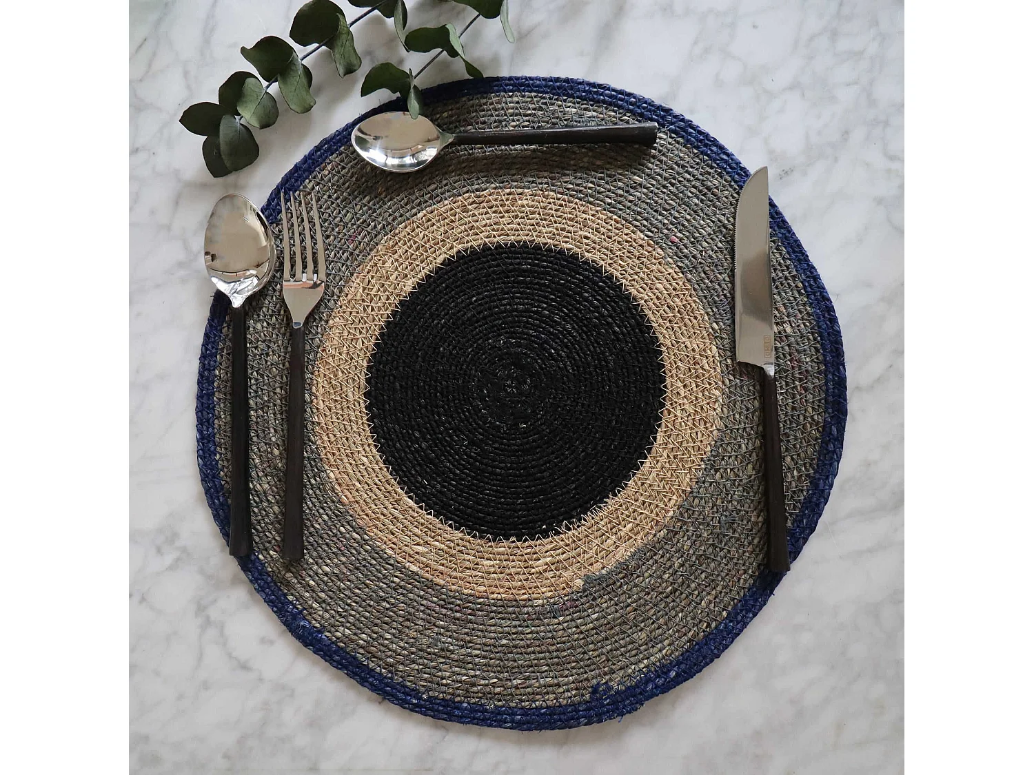 Now's Home - Lot De 6 Sets De Table Rond En Jonc De Mer 38cm Naturel Et Bleu Luna