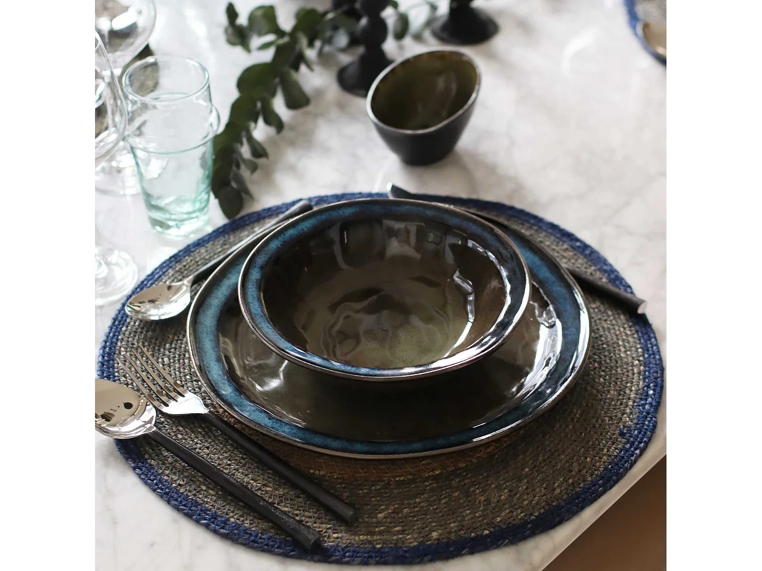 Now's Home - Lot De 6 Sets De Table Rond En Jonc De Mer 38cm Naturel Et Bleu Luna