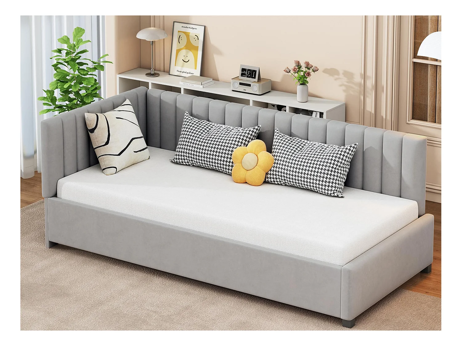 Lit simple rembourré 90x200 cm - tissu en velours - avec sommier à lattes - Gris