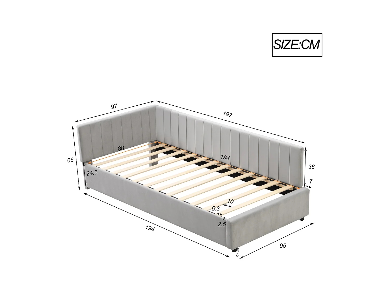 Letto singolo imbottito 90x200 cm - tessuto in velluto - con rete a doghe - Grigio