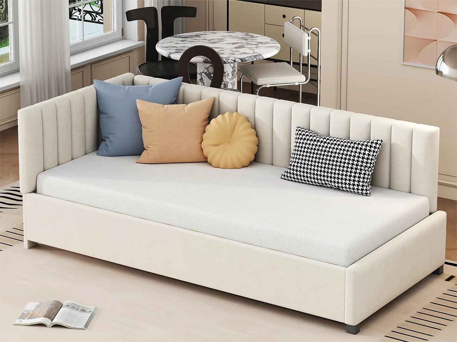 Gepolstertes Einzelbett 90x200 cm – Samtstoff – mit Lattenrost – Beige