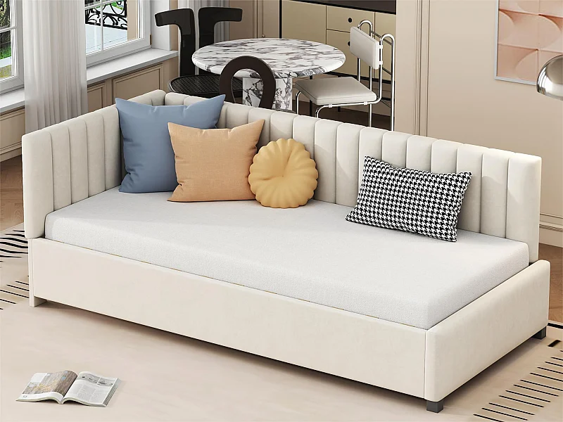 Lit simple rembourré 90x200 cm - tissu en velours - avec sommier à lattes - Beige