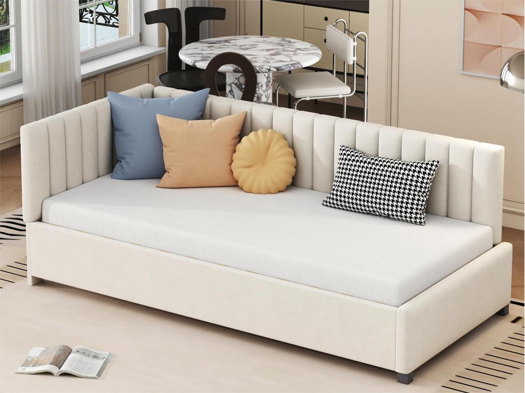 Letto singolo imbottito 90x200 cm - tessuto in velluto - con rete a doghe - Beige