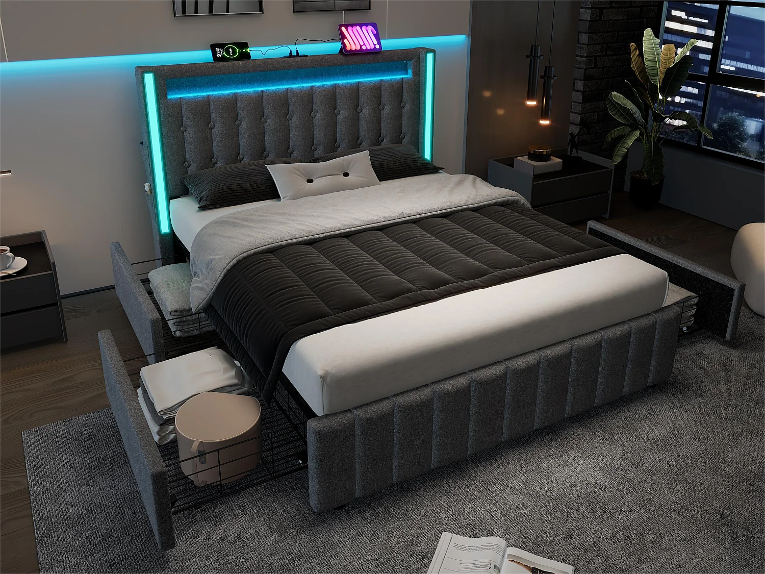 Bed met 2 laden 160x200cm gestoffeerd in linnen - met laadfunctie en LED-verlichting - Grijs