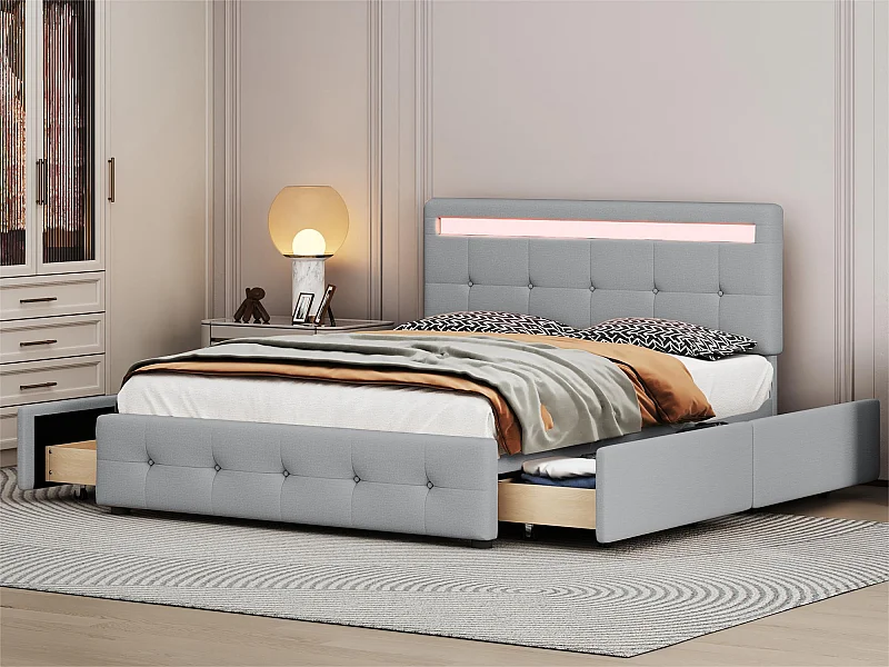 140x200cm gepolstertes Leinenbett – mit LED und 4 Schubladen – mit Lattenrost – Grau
