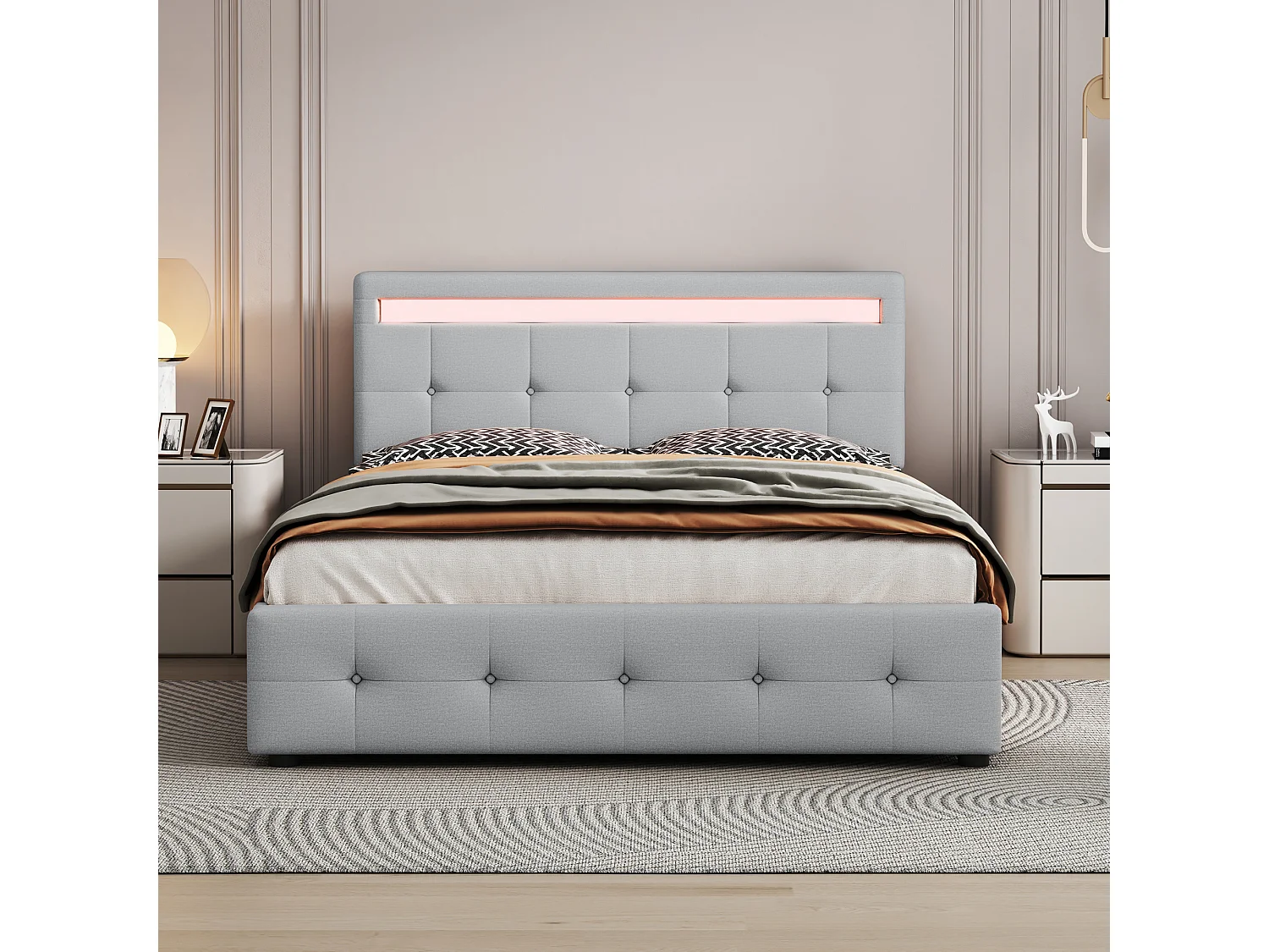 Gewatteerd linnen bed 140x200cm - met LED en 4 lades - met lattenbodem - Grijs