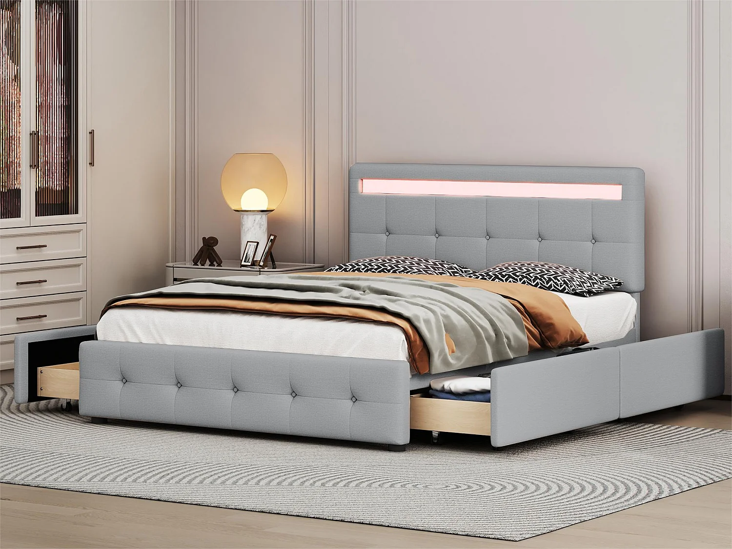 140x200cm gepolstertes Leinenbett – mit LED und 4 Schubladen – mit Lattenrost – Grau