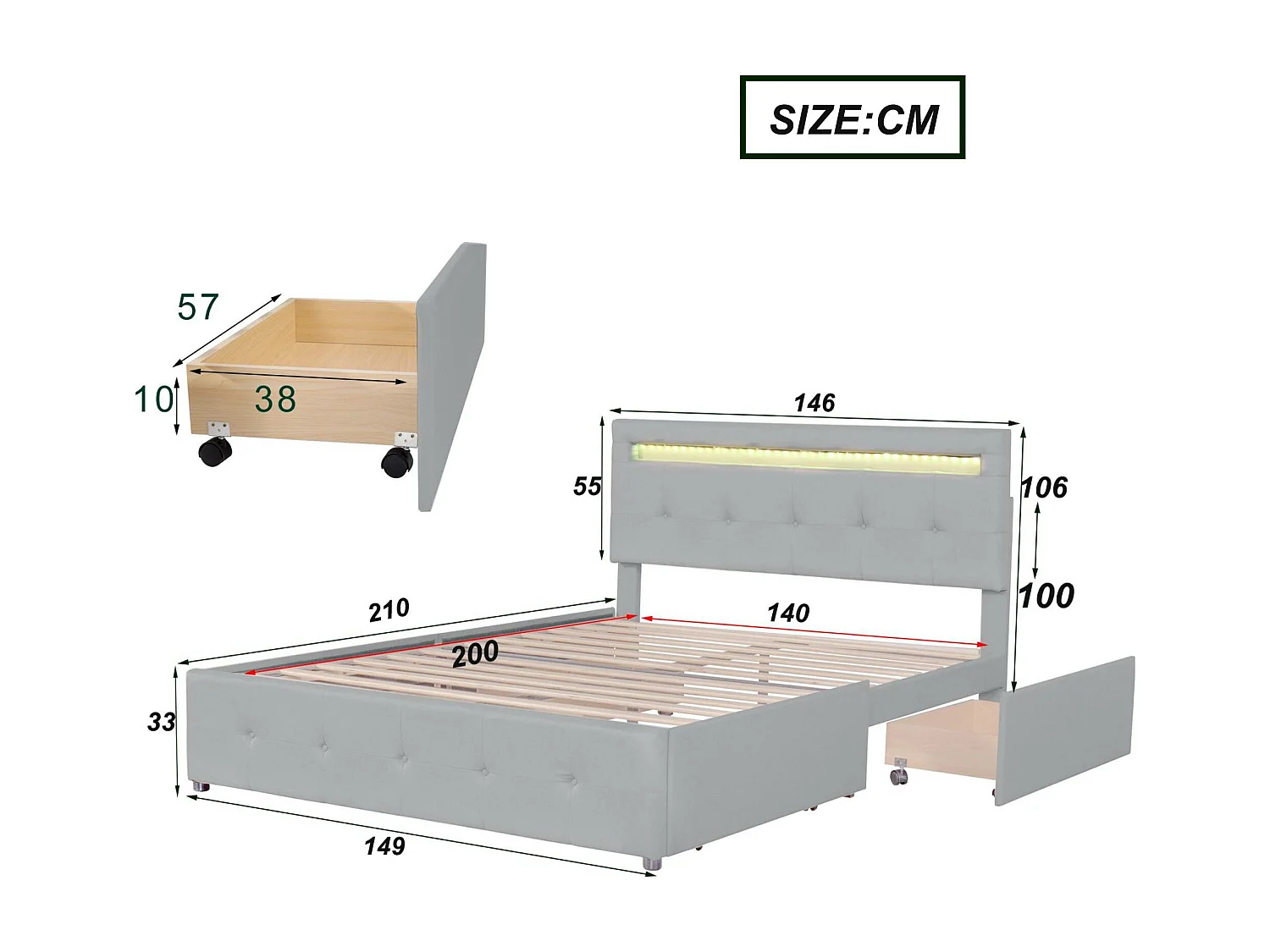 140x200cm gepolstertes Leinenbett – mit LED und 4 Schubladen – mit Lattenrost – Grau