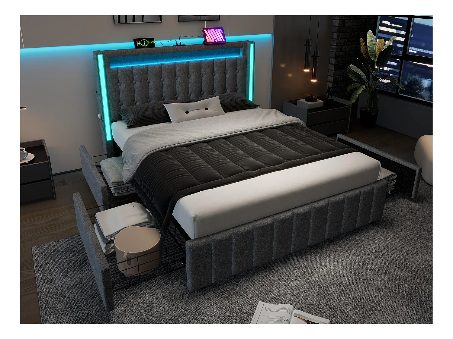 Lit avec 2 tiroirs 140x200cm rembourré en lin - avec fonction de charge et éclairage LED - Gris