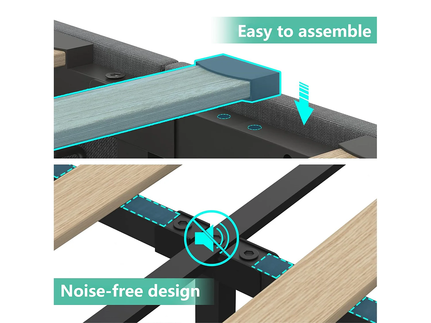 Lit avec 2 tiroirs 140x200cm rembourré en lin - avec fonction de charge et éclairage LED - Gris