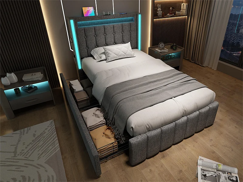 Bett mit 2 Schubladen 90x200cm gepolstert in Leinen - mit Ladefunktion und LED-Beleuchtung - Grau