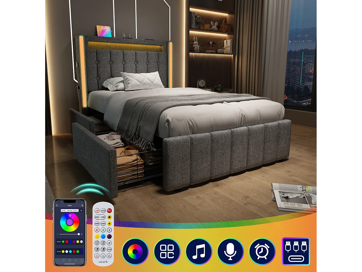 Bett mit 2 Schubladen 90x200cm gepolstert in Leinen - mit Ladefunktion und LED-Beleuchtung - Grau