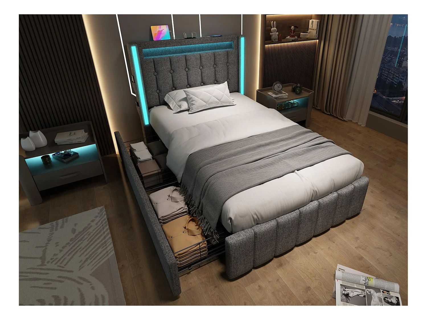 Lit avec 2 tiroirs 90x200cm rembourré en lin - avec fonction de charge et éclairage LED - Gris