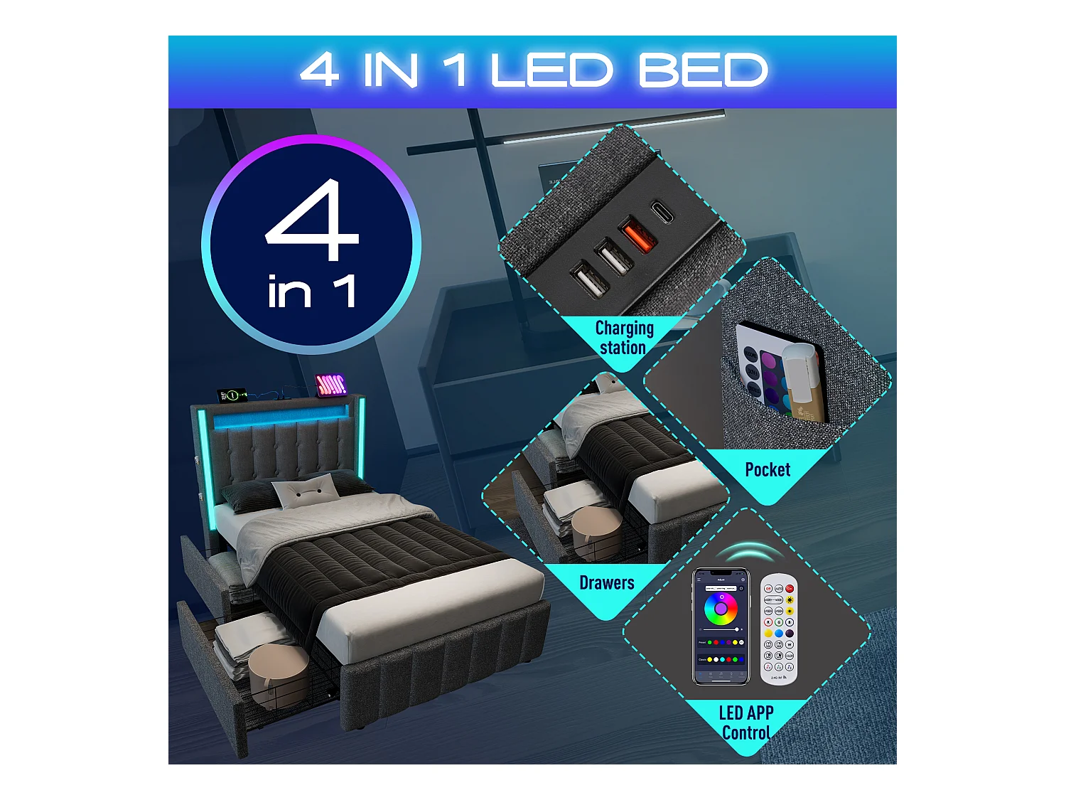 Lit avec 2 tiroirs 90x200cm rembourré en lin - avec fonction de charge et éclairage LED - Gris