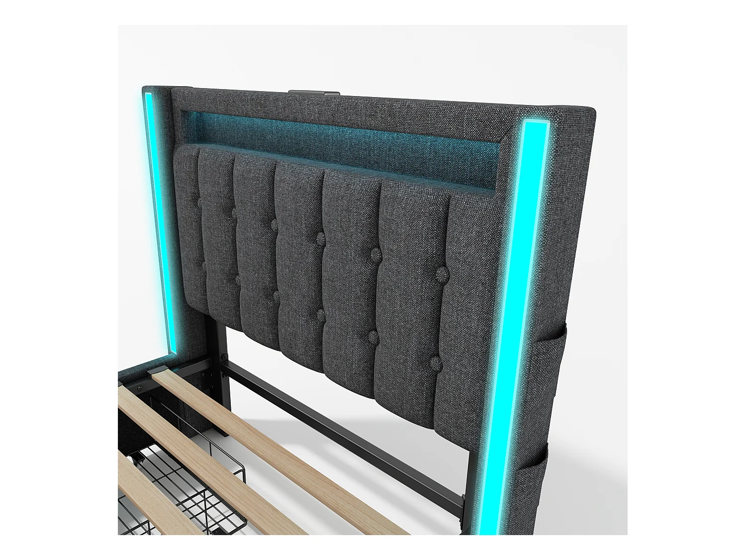 Lit avec 2 tiroirs 90x200cm rembourré en lin - avec fonction de charge et éclairage LED - Gris